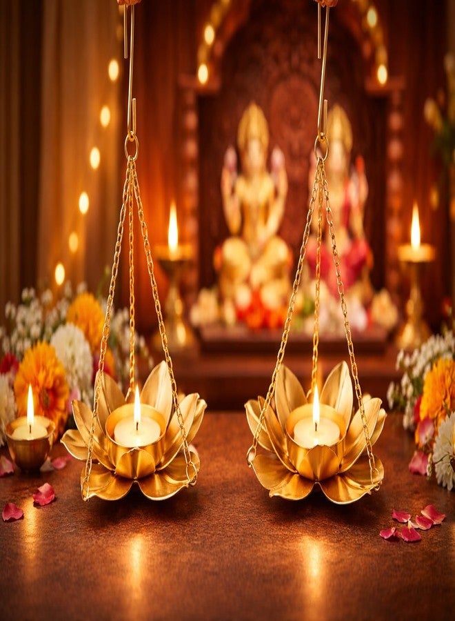 AGAAS ENTERPRISES Metal Lotus Hanging Tealight Candle Holder Set of 2 with Chain | Decorative Hanging Diya for Diwali, Pooja Room, Home, Wedding & Festive Gifting - Image 2